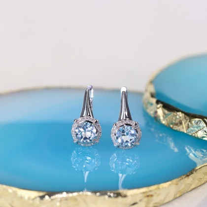 Златни обеци със син топаз и диаманти